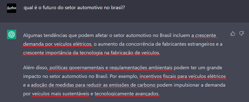 chatGTP indicando tendências do setor automotivo